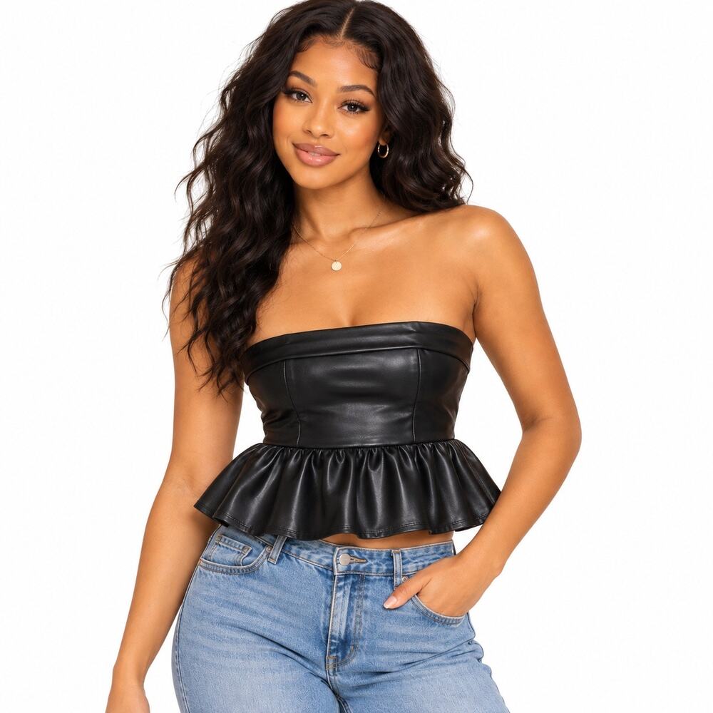 Altar’d State Black Faux Leather Cropped Peplum Tube Top women XL NWT